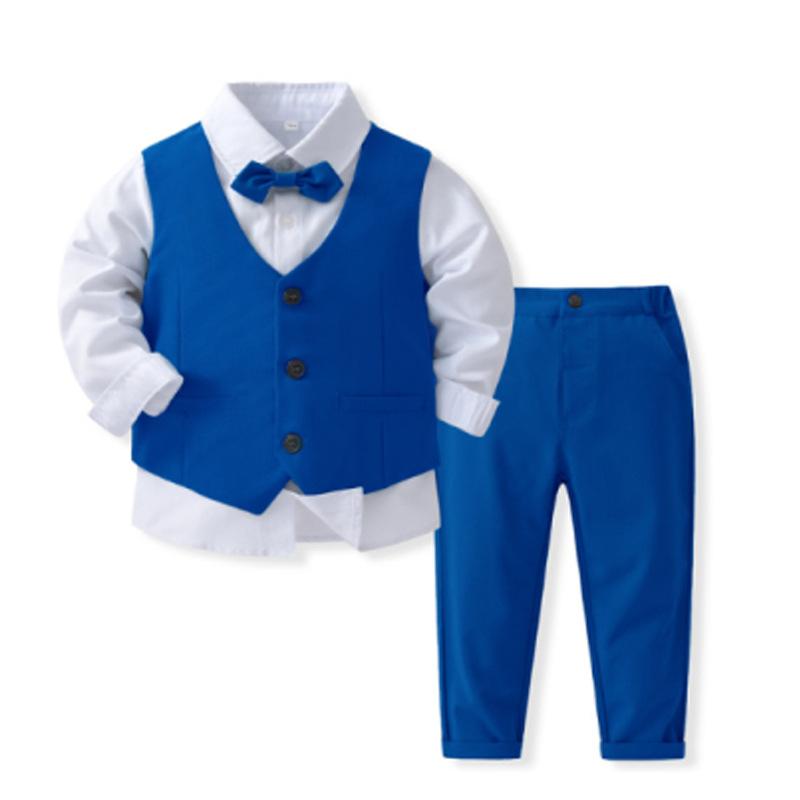 Jungen Gentleman Outfits Geburtstagskostüm Kinder Frühling Herbst Boutique Kleidung Set Solide Weste Anzug Kinder Baumwolle Formelle Kleidung 130cm blau