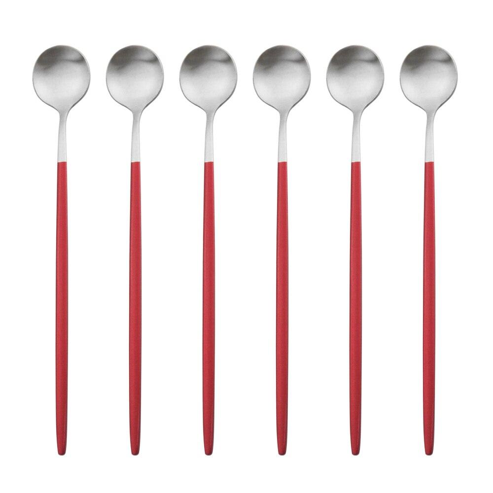 6-teiliges Gold-Löffel-Set mit langem Griff, mattierter Edelstahl, poliert, zum Rühren, für Getränke, Eis, Dessert, Teelöffel, Geschirr silber/rot