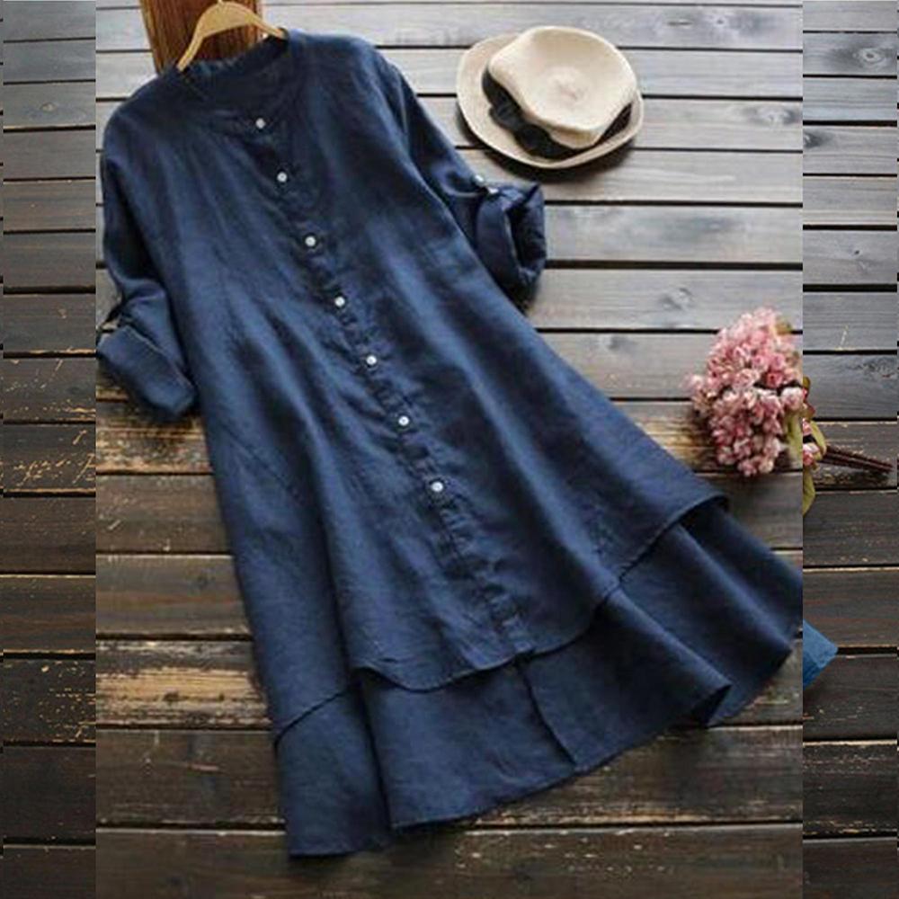 Damen Frühling Uni Baumwolle Leinen Hemdkleid Damen Lockeres Hemd Lange Oberteile Bluse Übergröße Kleidung Kleidung M navy blau