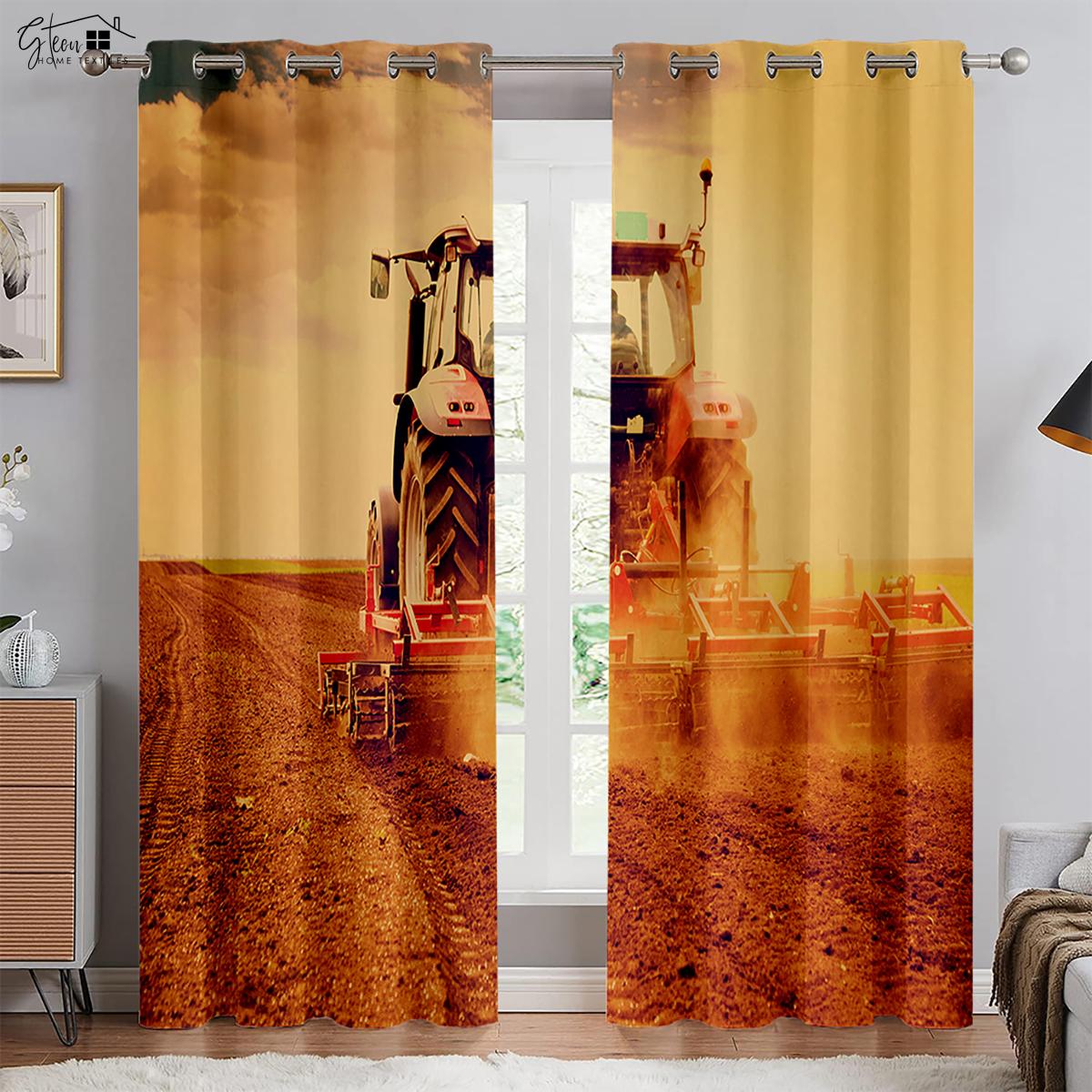 Traktor Farm 3D Gedruckte Vorhänge Industrieller Stil Polyester Stoff Faser Vorhänge Wohnbereich Schlafzimmer Küche Dekorative Vorhänge Q23547QQ-W50xH130(CM)x2PCS&Grommet Top
