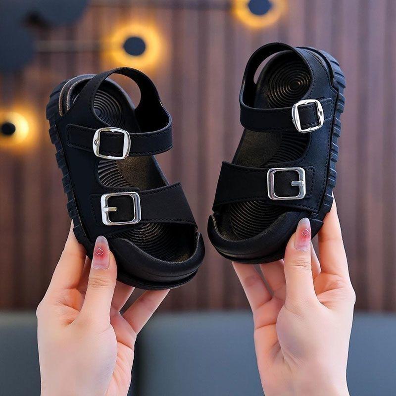Sommer Neue Kinder Sandalen Fashion College Style Jungen Mädchen Weichen Boden Sandalen Einfache Feste Farbe Kinder Anti Kick Sandalen 33-34 schwarz