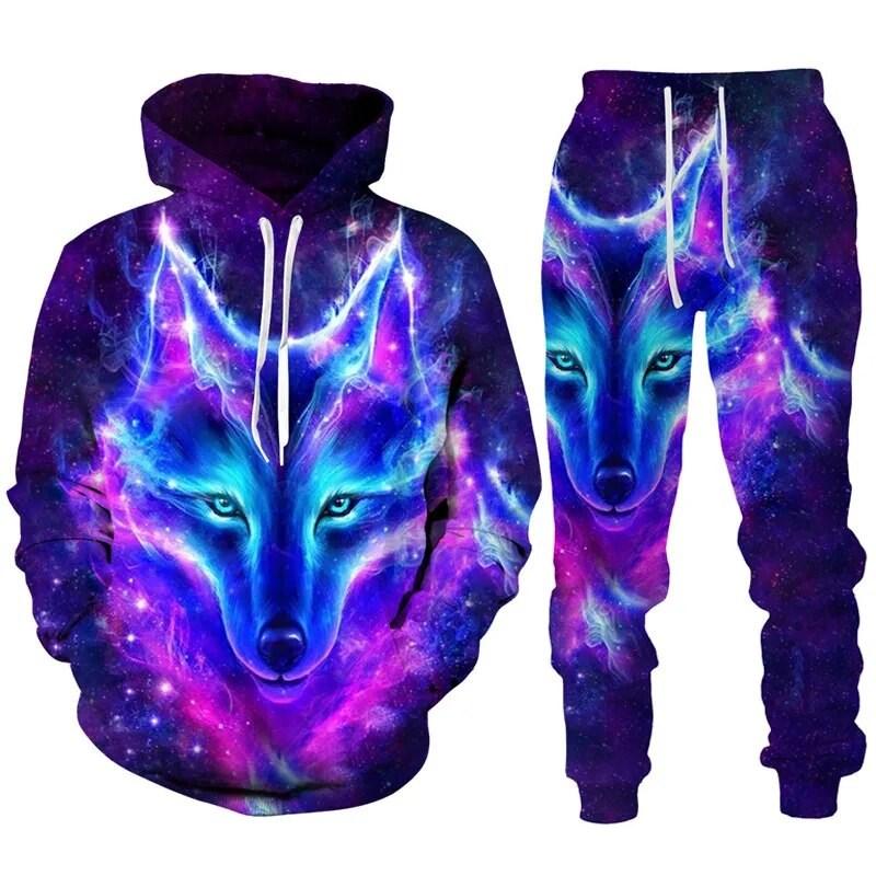 Mode Wolf Hoodie 3D gedruckt Hoodie Anzug männlich Herbst Winter lässig mit Kapuze Sweatshirt Jogginghose Trainingsanzüge 2pc Set Sport Anzug L