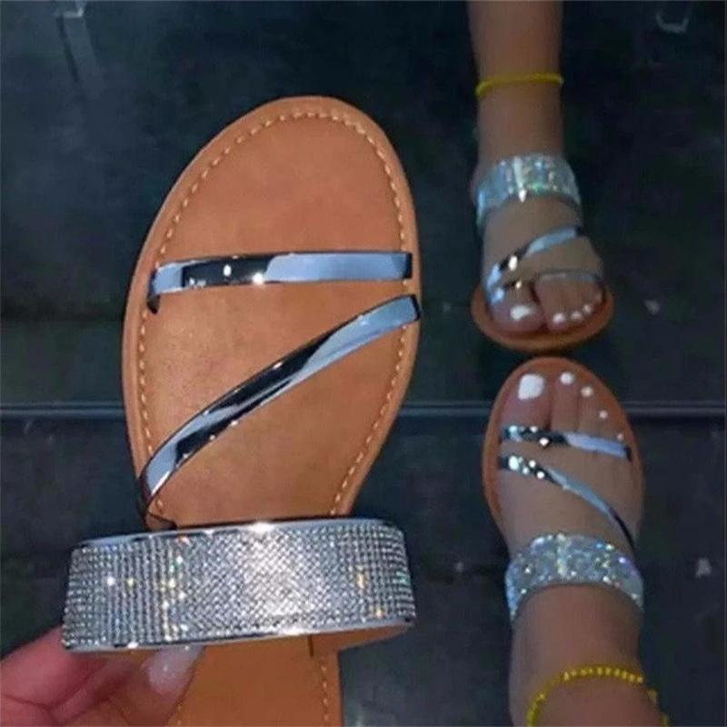 Sommer Neue Stil Römischen Strass Flache Outdoor Strass Hausschuhe Große Größe Hausschuhe Einfarbig Frauen Flache Strand Hausschuhe 38