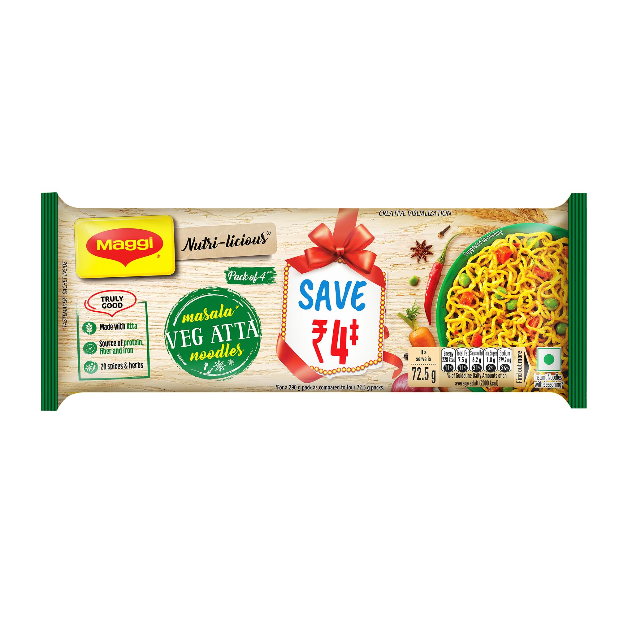 MAGGI Nutri-licious Veg Atta Masala Nudeln, Instant-Nudeln mit 20 Gewürzen & Kräutern, Quelle für Ballaststoffe & Eisen, Appetitlicher Duft & Köstliche T