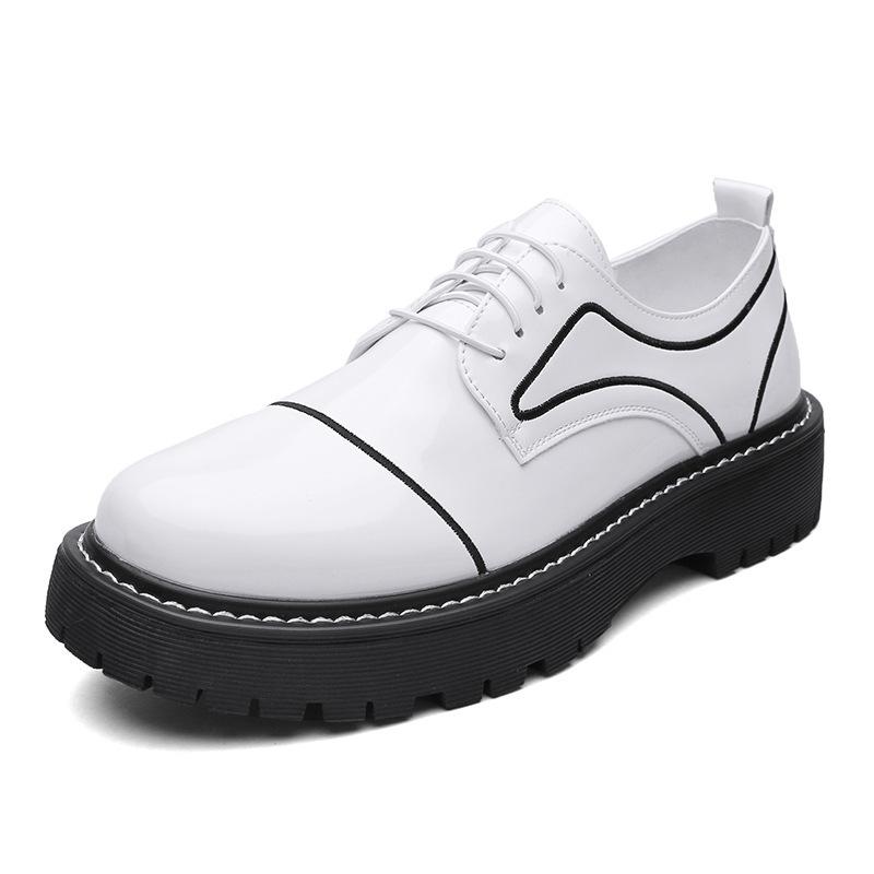 Weiße Herrenschuhe Britischer Stil Runde Zehenpartie Dicke Sohle Schwarze Lederschuhe Herren Koreanischer Stil Friseur Formell Business Glänzende Herrenschuhe 44 white