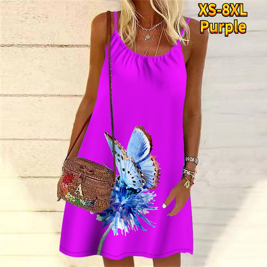 Frauen Blume Schmetterling Bestäubung Gedruckt Mini Kleid Ärmelloses Party Kleid Sommer Strand Kleid Sommerkleid 5XL violett