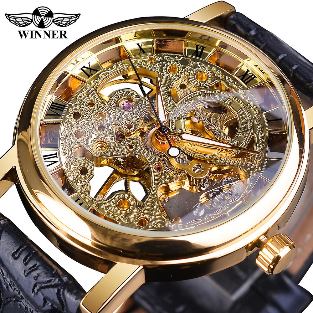 Winner Transparentes goldenes Gehäuse, luxuriöses, lässiges Design, braunes Lederarmband, Herrenuhren, Top-Marke, luxuriöse mechanische Skelettuhr gold