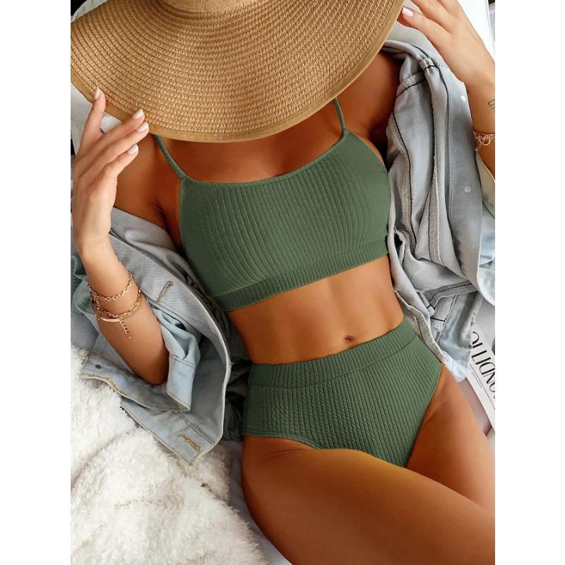 Damen Badeanzug Schraubfaden Bikini Set 2 Teile Sport Strandanzug Frauen Sport BH mit Dreiecksshorts S grün