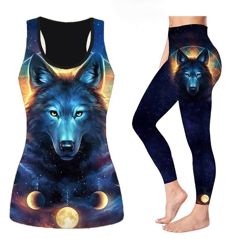 Big Wolf Print Yoga-Outfit für Damen, modische 3D-gedruckte Workout-Leggings, Fitness, Sport, hohe Taille, lässige Yoga-Hose XS gelb
