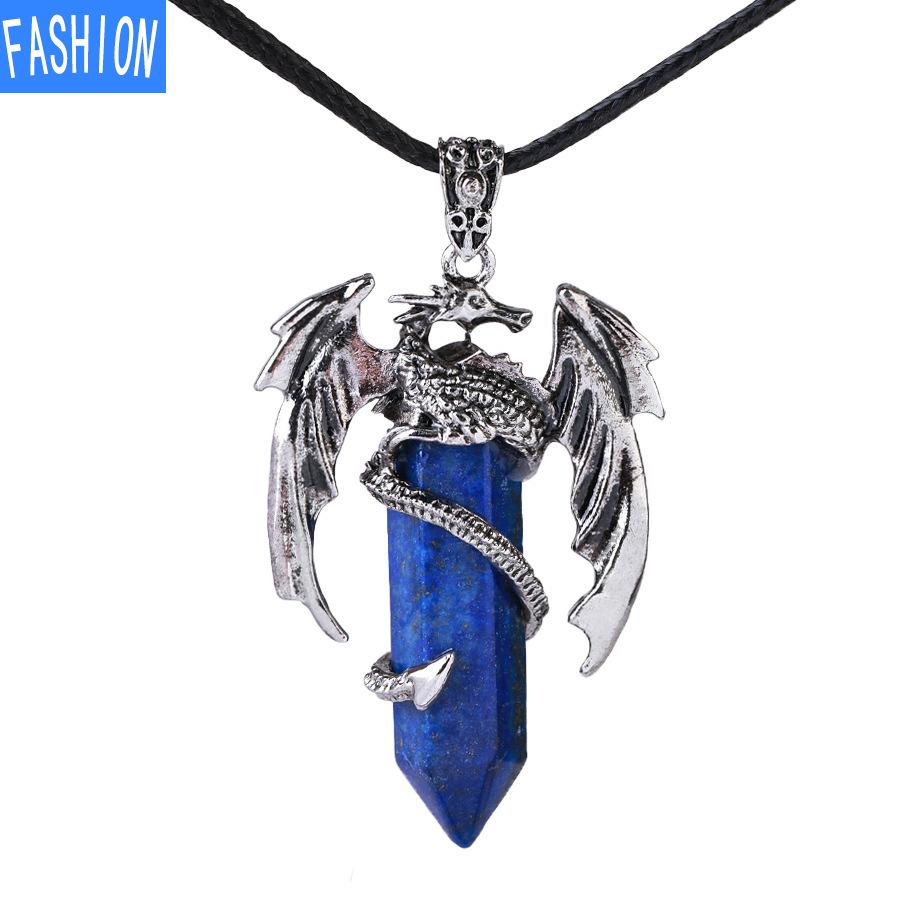 Drachen-Anhänger-Halskette für Männer und Frauen, coole Heilkristall-Amethyst-Halskette, natürliche Rosenquarz-Halskette, westlicher Drachen-Schmuck Lapis Lazuli