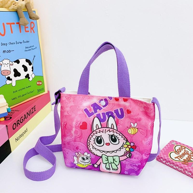 Labubu Neue Cartoon Canvas Einkaufstasche Umhängetasche Niedliche Kleine Mädchen Handtasche Tasche Reise Freizeit Handtasche hellrosa