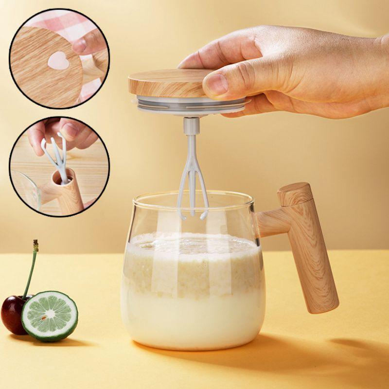 400ML Selbstmischender Kaffeebecher 7000 U/min Hochgeschwindigkeits-Selbstmischender Glasbecher mit Holzgriff für Kaffee Milch Proteinpulver Neu 301-400ml beige
