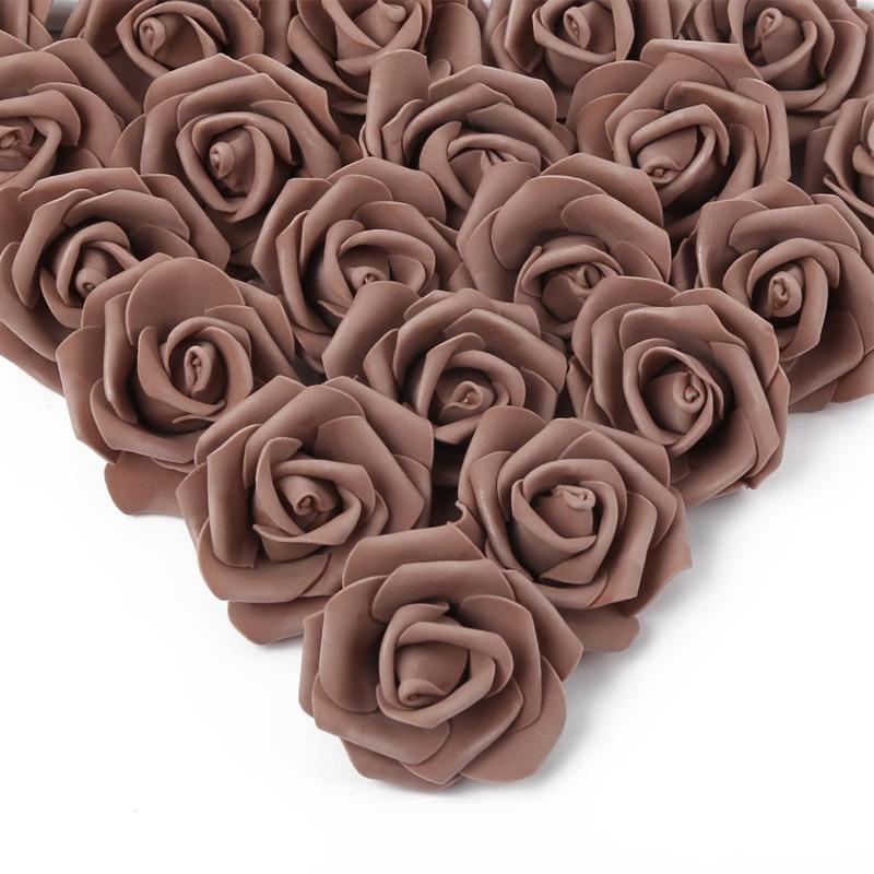 100 Stück echt aussehende künstliche Rosenblütenköpfe aus Schaumstoff, künstliche Rosen für DIY Hochzeit, Babyparty, Tafelaufsätze, Arrangements, Partytische, Heimdekorationen braun