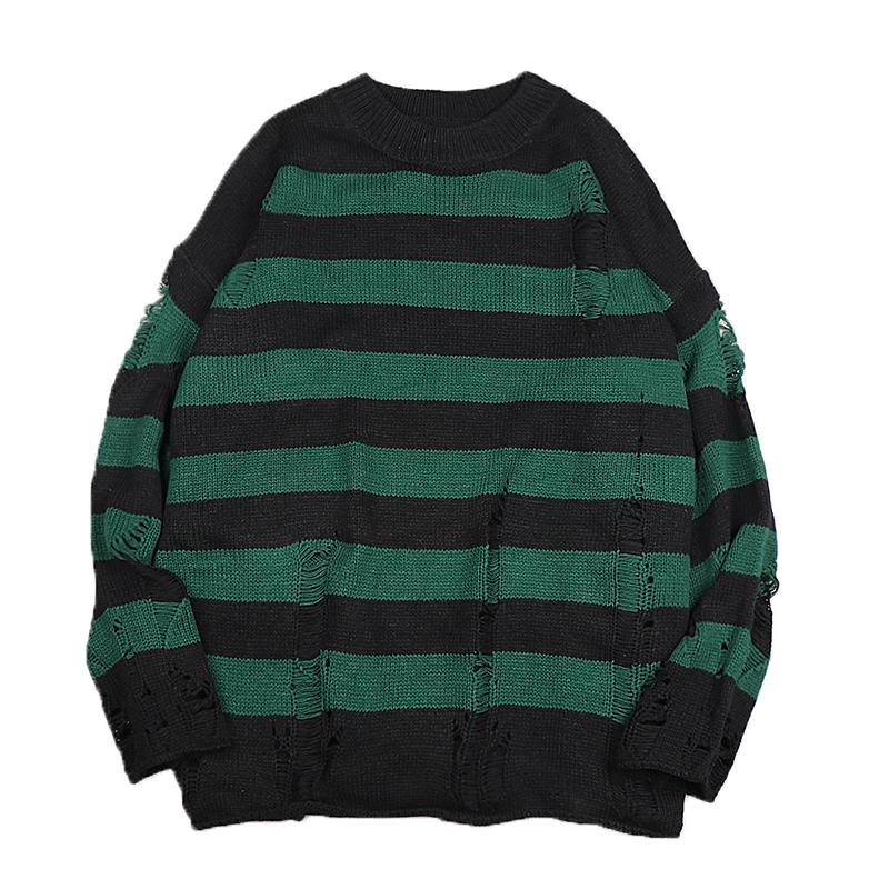 Schwarz Streifen Pullover Zerstört Zerrissene Pullover Männer Pullover Loch Stricken Pullover Männer Übergroßen Sweatshirt Harajuku Langarm Tops XL dunkelgrüne