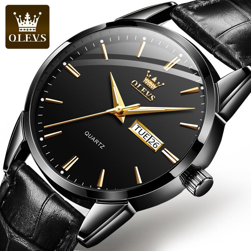 OLEVS Quarzuhren für Herren, wasserdicht, hochwertig, exquisites Echtlederarmband, Business-Armbanduhr für Herren, Kalender black case black dial