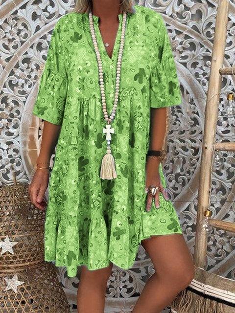 Plus Size Damenmode, locker, lässig, V-Ausschnitt, langärmelig, Blumendruck, Sommerkleid 5XL grün