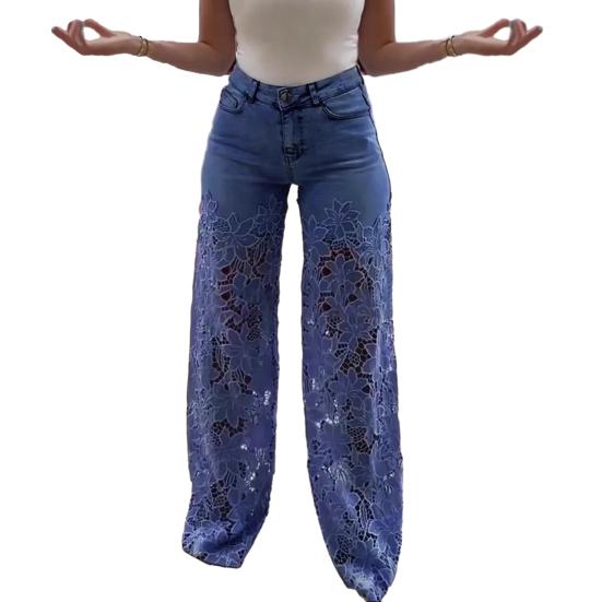 Damen Jeans mit Spitze Patchwork Casual Baggy Straight Wide Leg Denimhose Mid Waist Floral M dunkelblaue