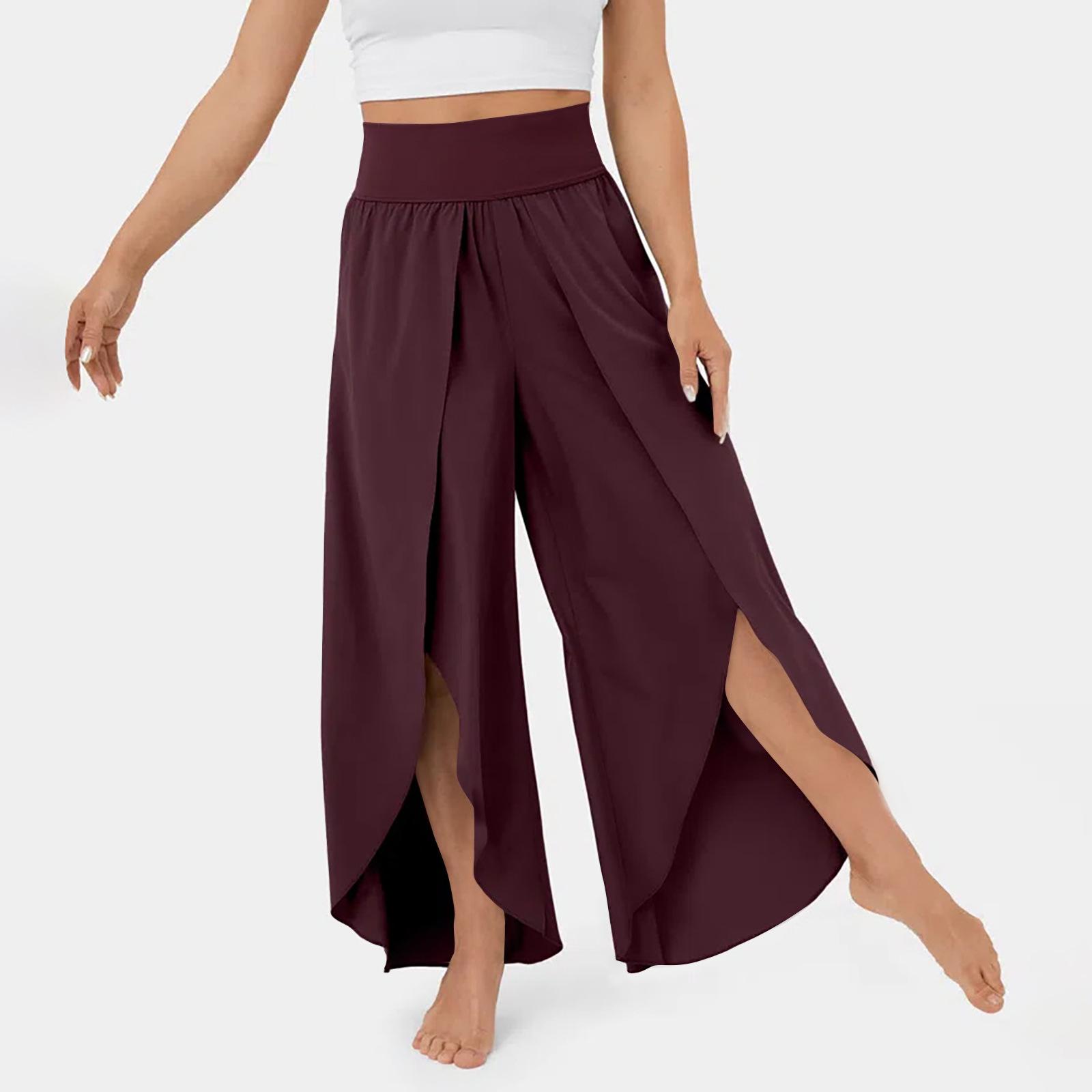 Frauen Hosen Hohe Taille Breiten Elastischen Bund Yoga Hosen Einfarbig Dünne Neunte-Länge Frauen Flowy Split Breite Bein hosen S dunkelrote