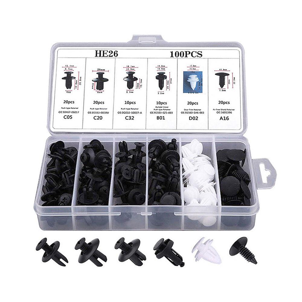 100 Stück Auto-Halteklammern, schwarze Spreizschraube, Auto-Befestigungselement, Stoßstangen-Clip, gemischte Auto-Kotflügelverkleidung, Kunststoff-Nietverschlüsse, Push-Pin-Clips 100 Pcs Box