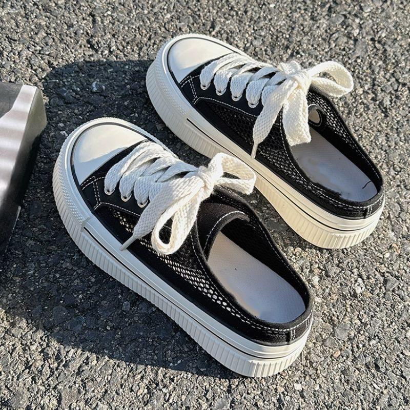 Weiße Schuhe Halbschuhe Canvas Schuhe Damen Atmungsaktive Mesh Schuhe Schuhe zum Rock Allround Ultra-Dünn Slipper Schnürschuhe 40 schwarz