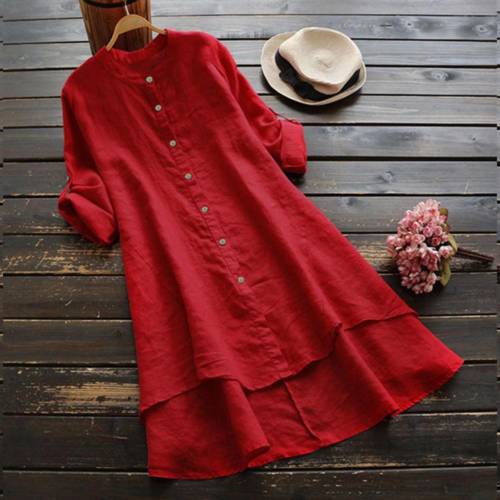 Damen Frühling Uni Baumwolle Leinen Hemdkleid Damen Lockeres Hemd Lange Oberteile Bluse Übergröße Kleidung Kleidung L rot