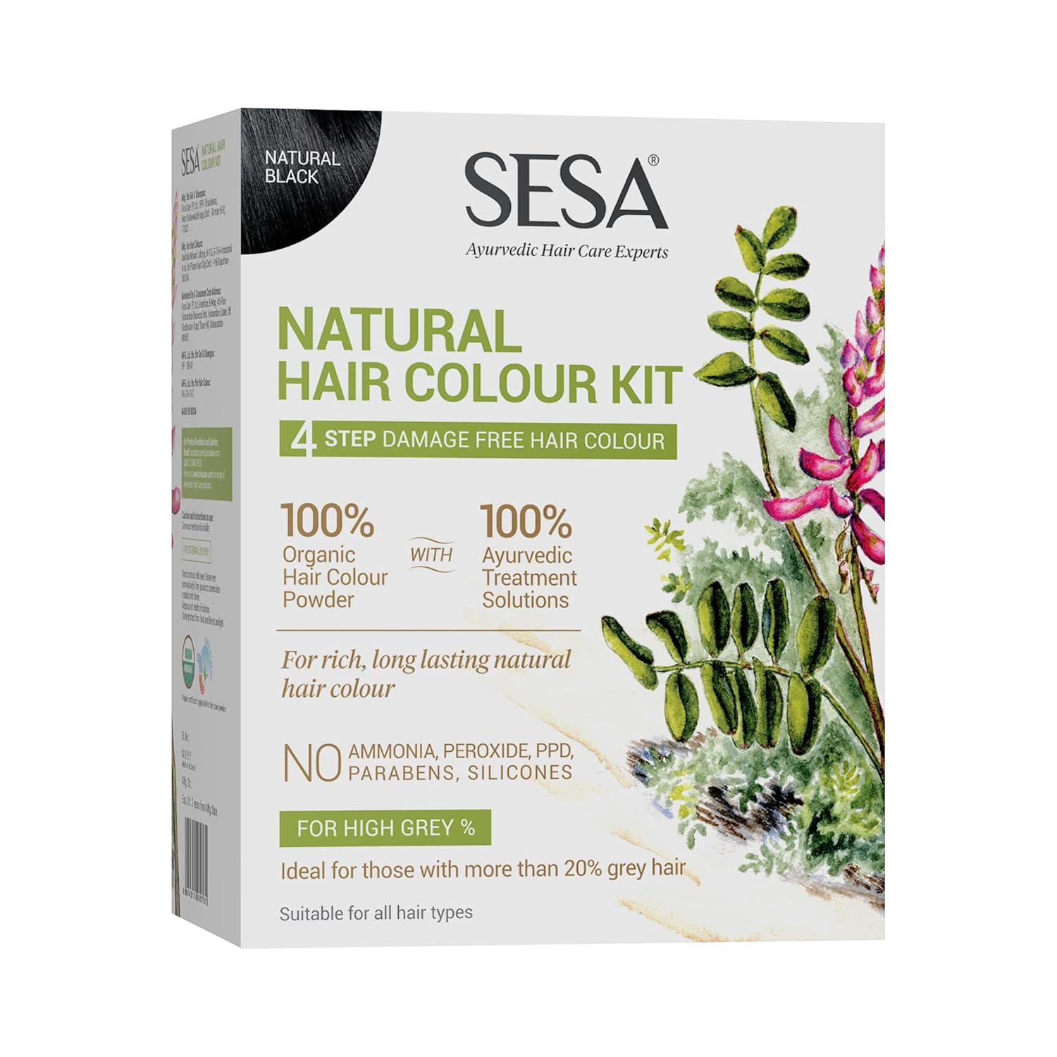 Sesa 4-Stufen Natürliches Haarfarben-Kit zur Grauabdeckung Bio Ayurveda Ohne Ammoniak PPD Peroxid 200g + 40ml DIY-Anwendung