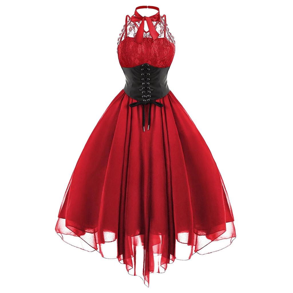 (SU)Frauen Sexy Spitzenkleid Vintage Kleid Retro Gericht Prinzessin ärmelloses Minikleid M rot
