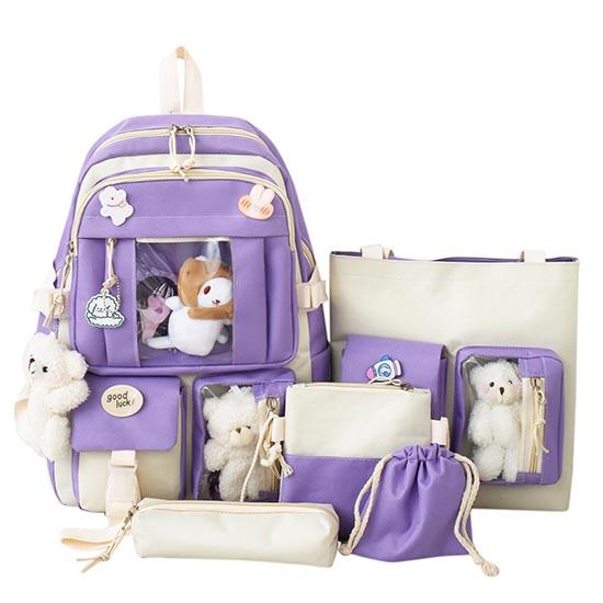 5 Teile/satz Kawaii Mädchen Rucksack Für Schüler Schule Tasche Teenager Mädchen Schulranzen Buch Taschen Bleistift Fall Frauen Reise Rucksack Tote violett