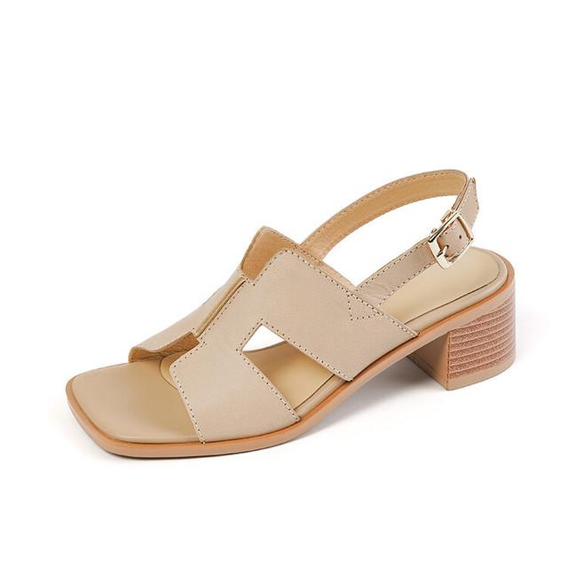 Sommer Frauen Schuhe Square Toe Blockabsatz Frauen Sandalen High Heels Damen Schuhe Casual Lederschuhe Frauen echtes Leder 39 apricot