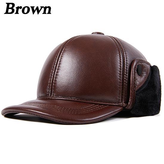 L-2XL Hohe Qualität Echtes Leder Hüte Winter Erste Schicht Rindsleder Warme Ohrenschützer Bomber Caps Plus Samt Verdicken Mann Knochen caps Papa Hut XXL braun