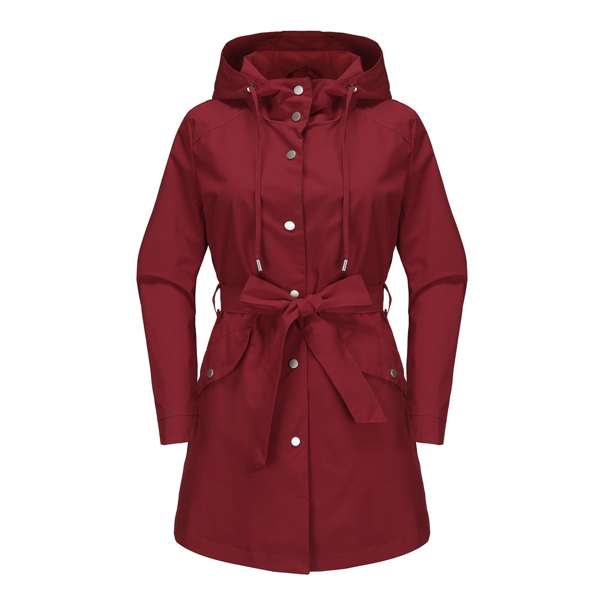 Damen Windjacke mit Kapuze, Polyester, wasserdicht, Trenchcoat, dünn, locker, mit Gürtel, zum Zuknöpfen, Windjacke, Frühling/Herbst, Outdoor-Kleidung, lange Jacken M bordeaux
