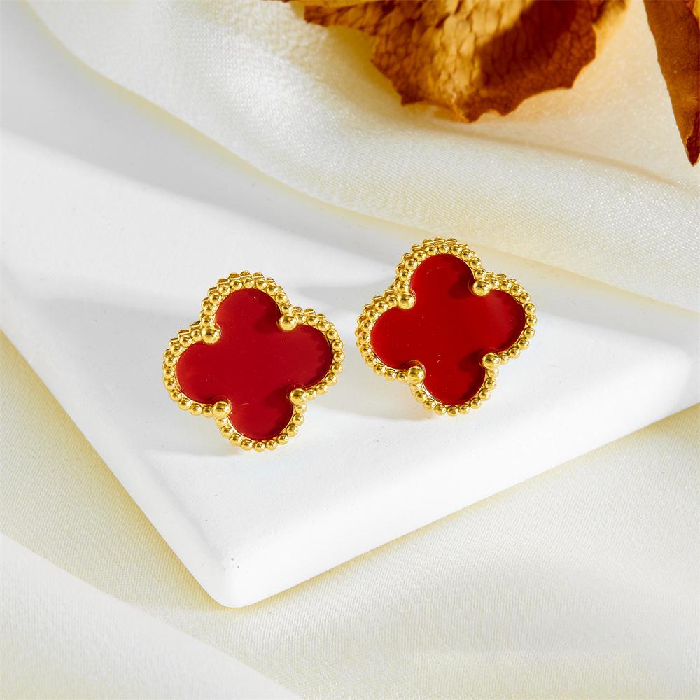 Titanstahl verliert nicht die Farbe Vierblättriges Kleeblatt Ohrringe Trend Persönlichkeit Netz Rot Glücksgras Ohrringe Hochwertige Damen Ohrringe rot