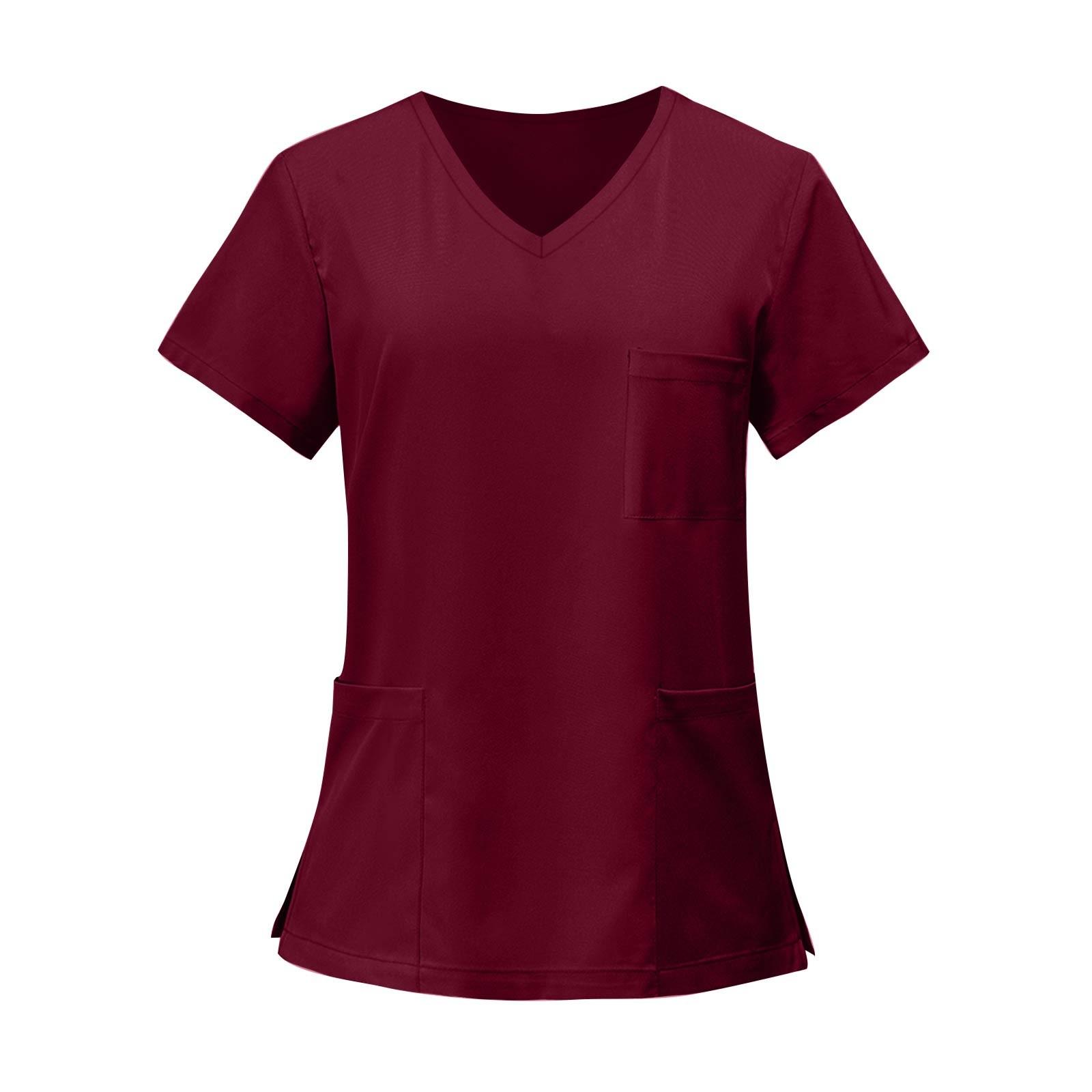 Damen V-Ausschnitt Kasack Kurzarm Einfarbig Uniformhemd Mit Mehreren Taschen Für Medizinische Zahnärztliche Klinik Arbeitskleidung L weinrot