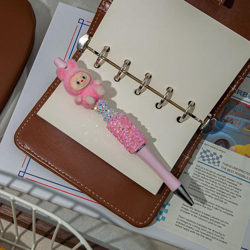 1 Stück Beflockung Labubu Kawaii Perlenband Stifte Niedlicher Cartoon Kugelschreiber Schüler Schreibwaren Bürobedarf Geschenke rose rot