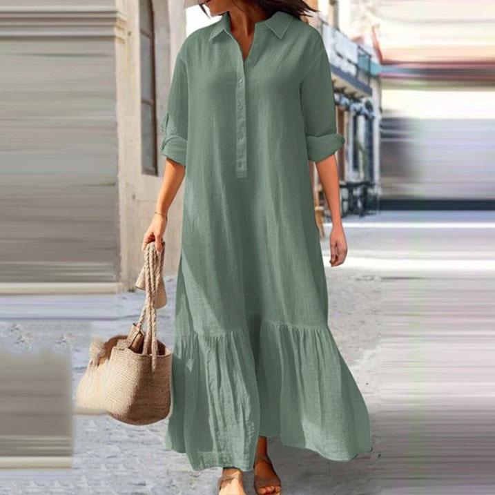 Sommer Baumwolle Leinen Frauen Kleid Schwarz Lose Langarm Hemd Kleider Weibliche Sommer Casual Oversize Elegante Kleidung Damen XXL dunkelgrüne