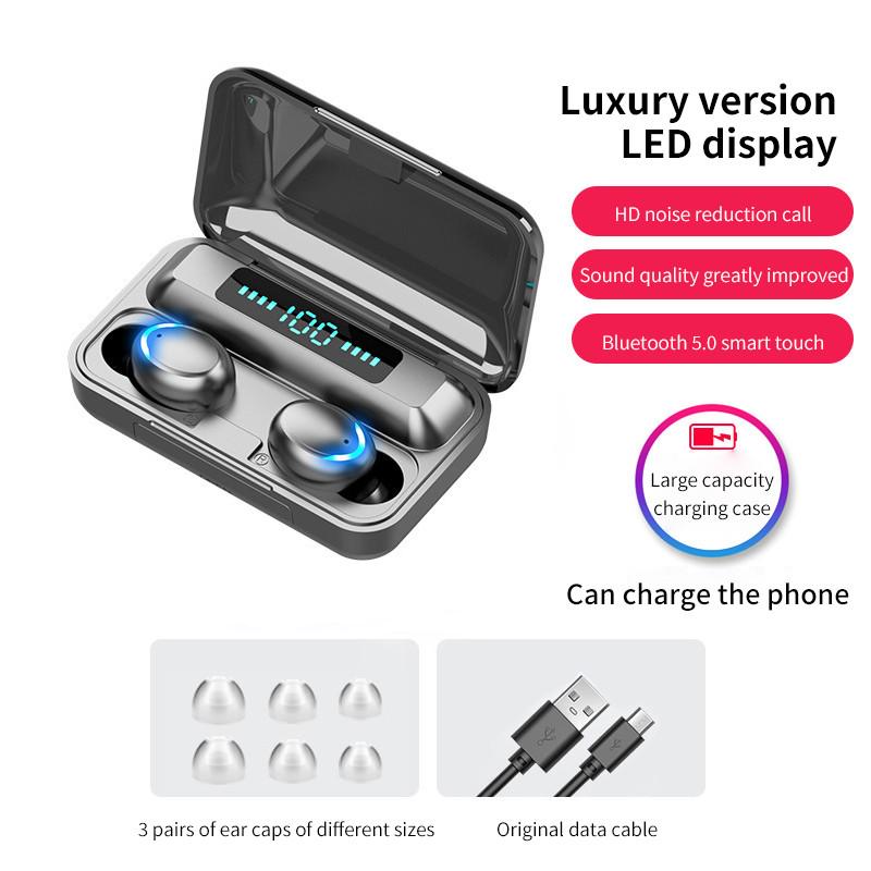 F9 HiFi Bluetooth 5.0 CVC8.0 Rauschunterdrückung Stereo-Bluetooth-Headset mit Ladehülle für die Power Bank schwarz