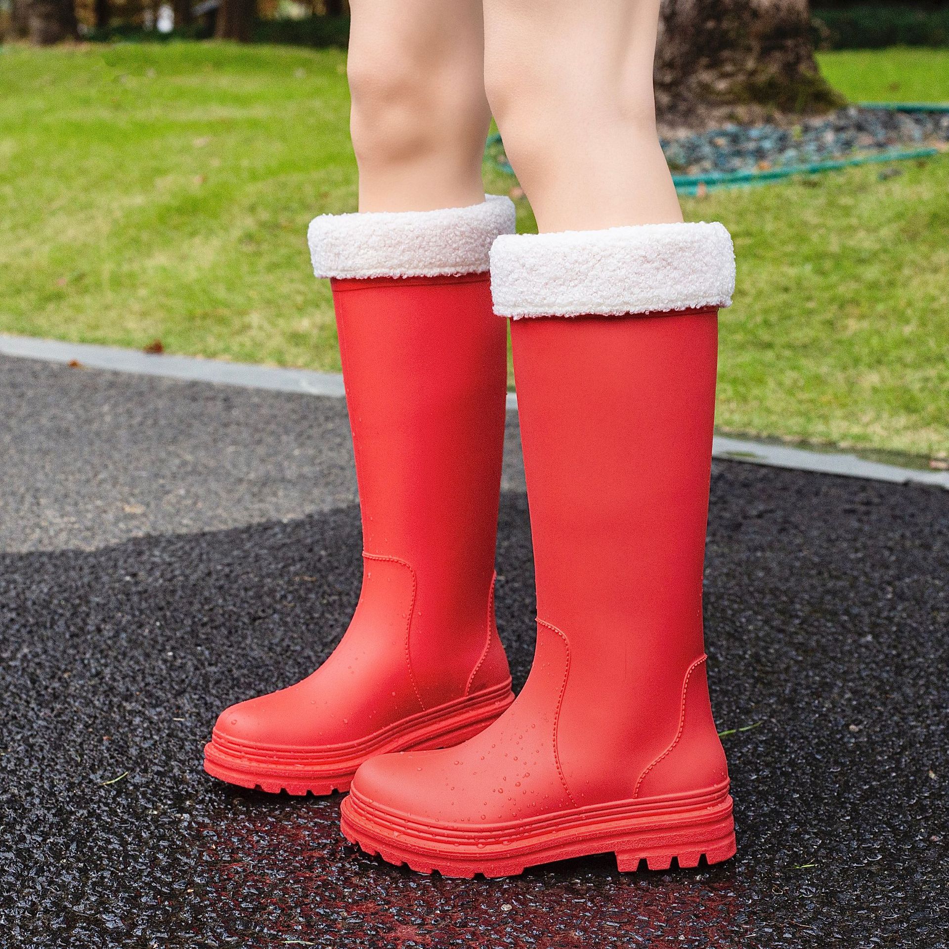 Dicke Regenstiefel Damen Regenstiefel Erwachsene Modische Outdoor-Bekleidung Wasserdicht Rutschfest Verschleißfest Lange Stiefel 37-38 rot/weiß