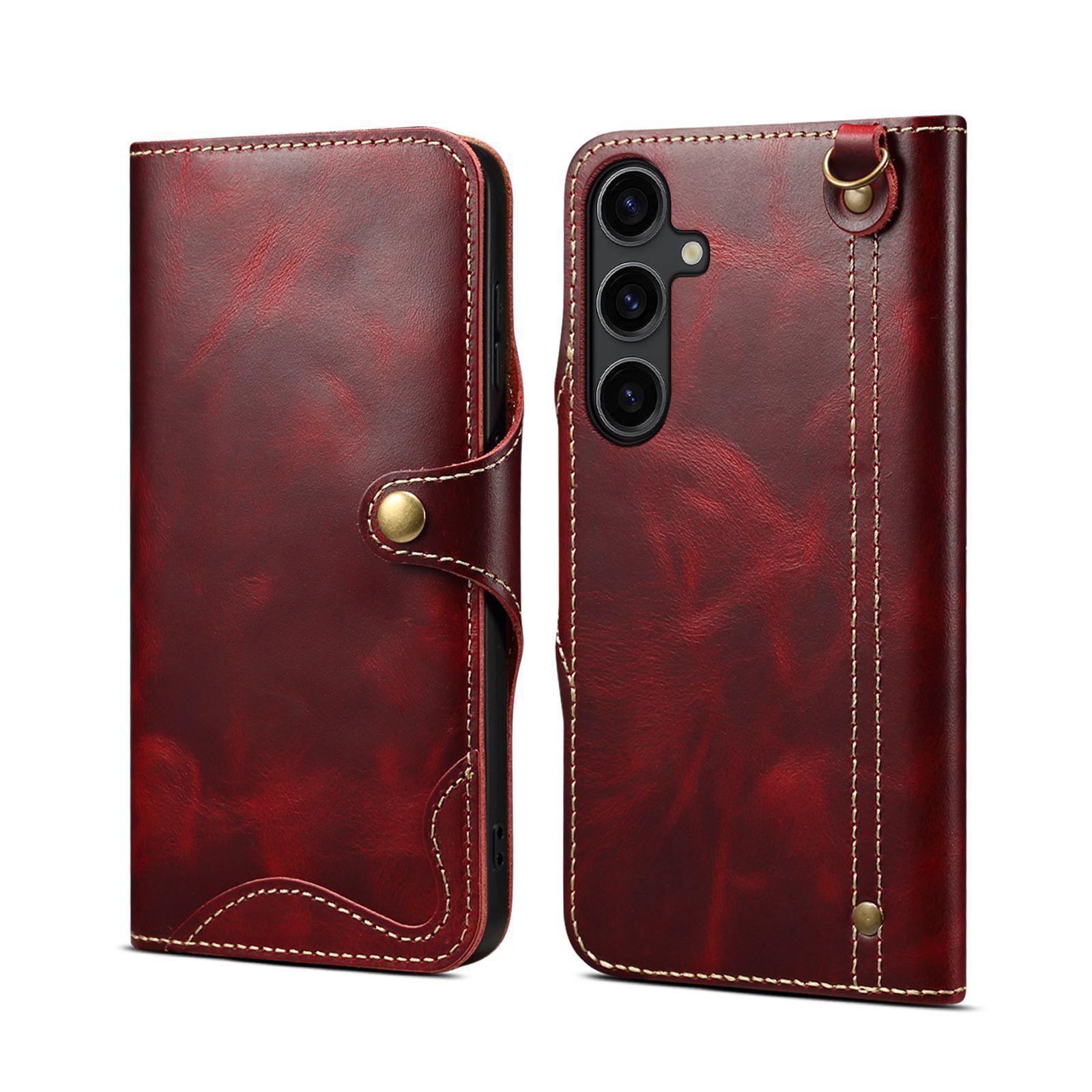 Retro Echte Lederhülle für Samsung Galaxy S26 Ultra S26+ S20 S10 Note 10 Plus Business Geldbörsen Cover mit Lanyard Kartenfach for Galaxy S25 Plus wein rot