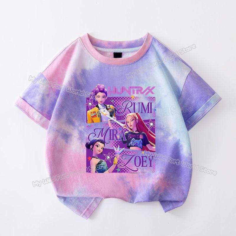 KPop Dämonenjäger Batik-T-Shirt für Mädchen Kurzarm-Tops Rumi Mira Zoey Print T-Shirts Niedliche Sommer-Kinderbekleidung 100