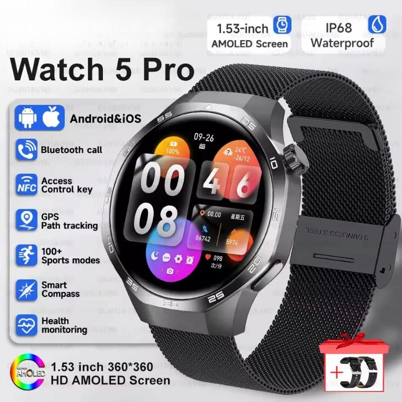 2026 Neue Uhr GT5 Max Smartwatch HD AMOLED Bildschirm NFC Bluetooth Anruf Gesundheit Wasserdichte Smartwatch Herren Damen Für Huawei Black Mesh Belt 2A