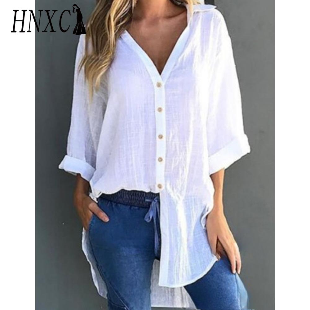 HNXC Damenmode Lässig Einfarbig Druck Langarm POLO Kragen Blusen & Hemden M weiß
