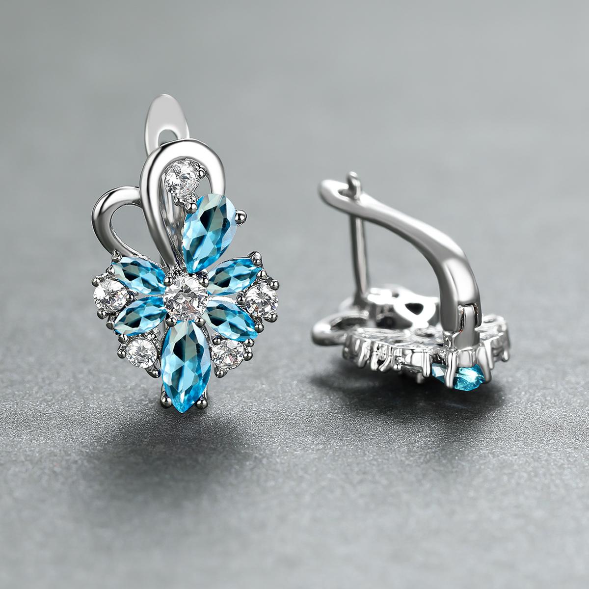 1 Paar Ohrringe mit Wassertropfenschliff, Blau, Rosa, Lila, Aqua-Stein, Blütenblätter, Blumen-Ohrringe, Blumen-Stil, Ohrclips, Schmetterlings-Ohrhänger silber/meergrün