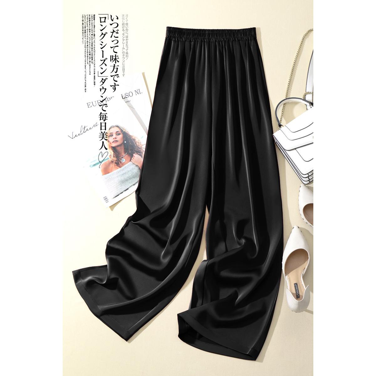 Eis Seide Weite Hosen Damen Sommer Elastischer Bund Satin Gerade Hosen Uni Lässig Locker Acetat Damen Hosen L schwarz