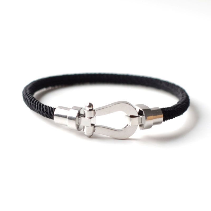 Original Europäischer und Amerikanischer Stil Mechanische Hufeisen Schnalle Handgeflochtenes Armband, Einfaches und Einzigartiges Partnerarmband, Geschenk für Studenten Black Cord Steel Buckle Wrist Size 17 white