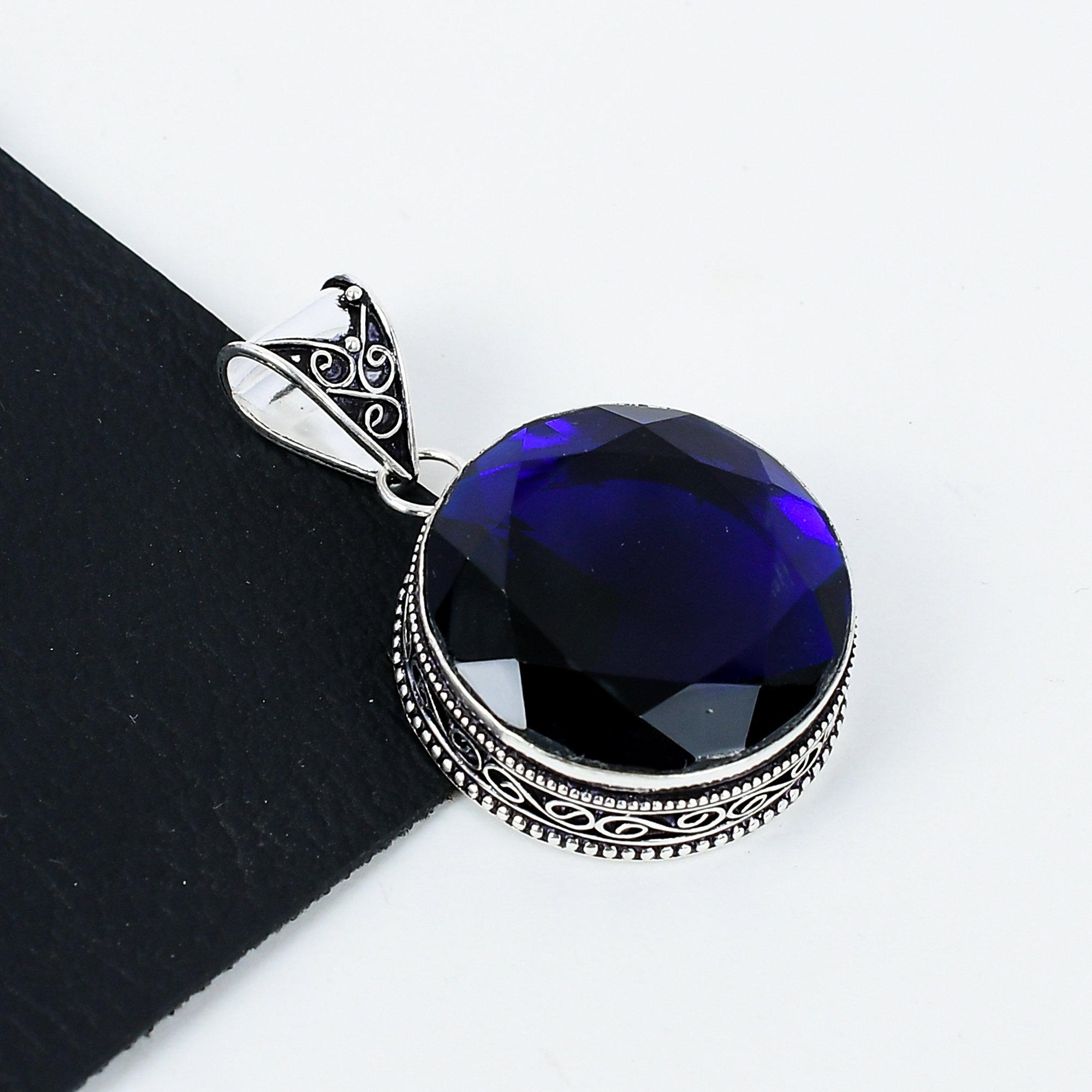 Blauer Saphir Edelstein Silber Anhänger in 925 Sterlingsilber - Handgefertigtes Design, Alltagsschmuck, Einzigartiger Blauer Saphir Anhänger Muttertagsgeschenke 2.16' blau