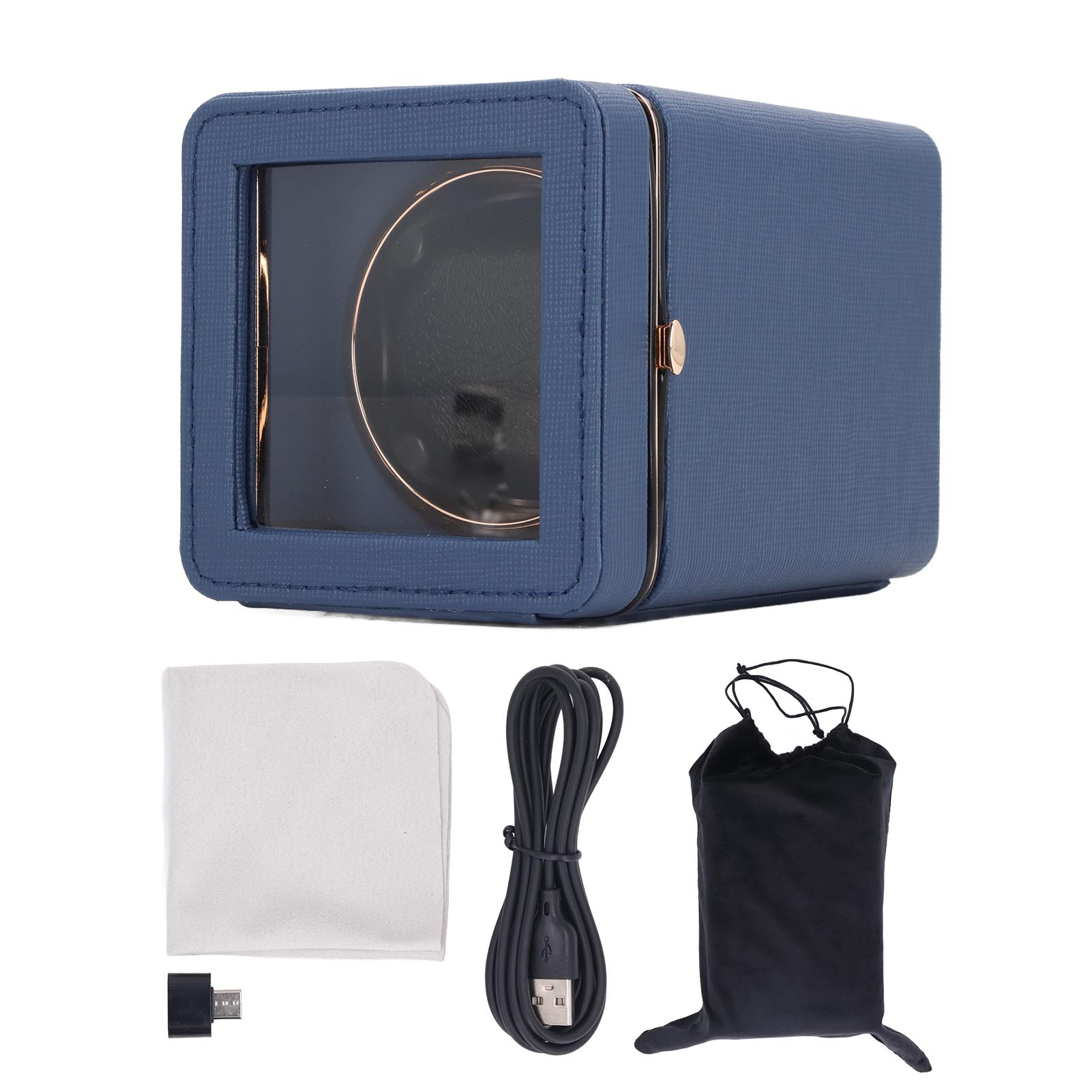 Uhrenbeweger für einzelne Uhren, 5 Drehmodi, automatische Uhrenbewegerbox aus PU-Leder mit Licht, USB Typ C see-blaue