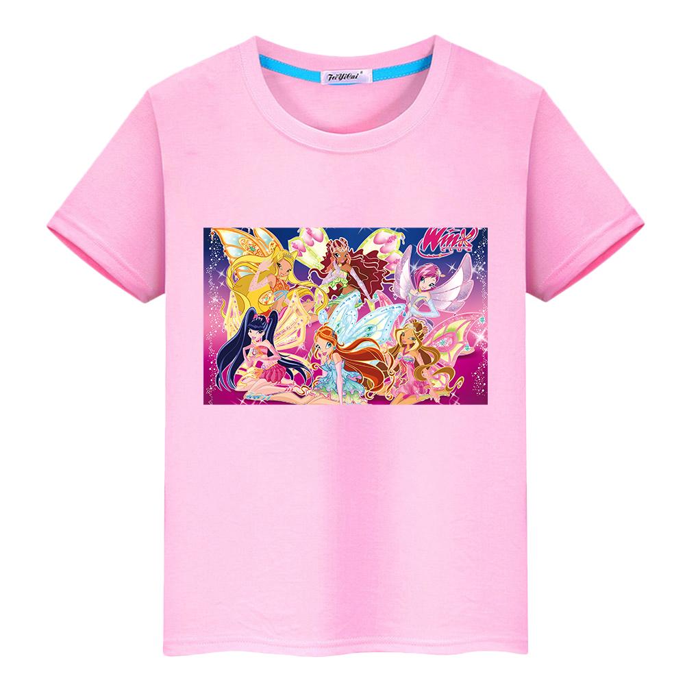 Winx Niedliche Tops T-Shirt für Kinder Jungen 10 Jahre Anime Kurz Winx Druck Cartoon 100% Baumwolle Pride T-Shirt Y2K Mädchen Kleidung Babykleidung 100 rosa