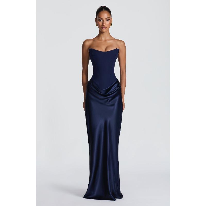 Neues Einfarbiges Taillen Sexy Schlauchoberteil Hüft Langes Kleid Kleid Satin Schnürung Streamer Kleid XL dunkelblaue