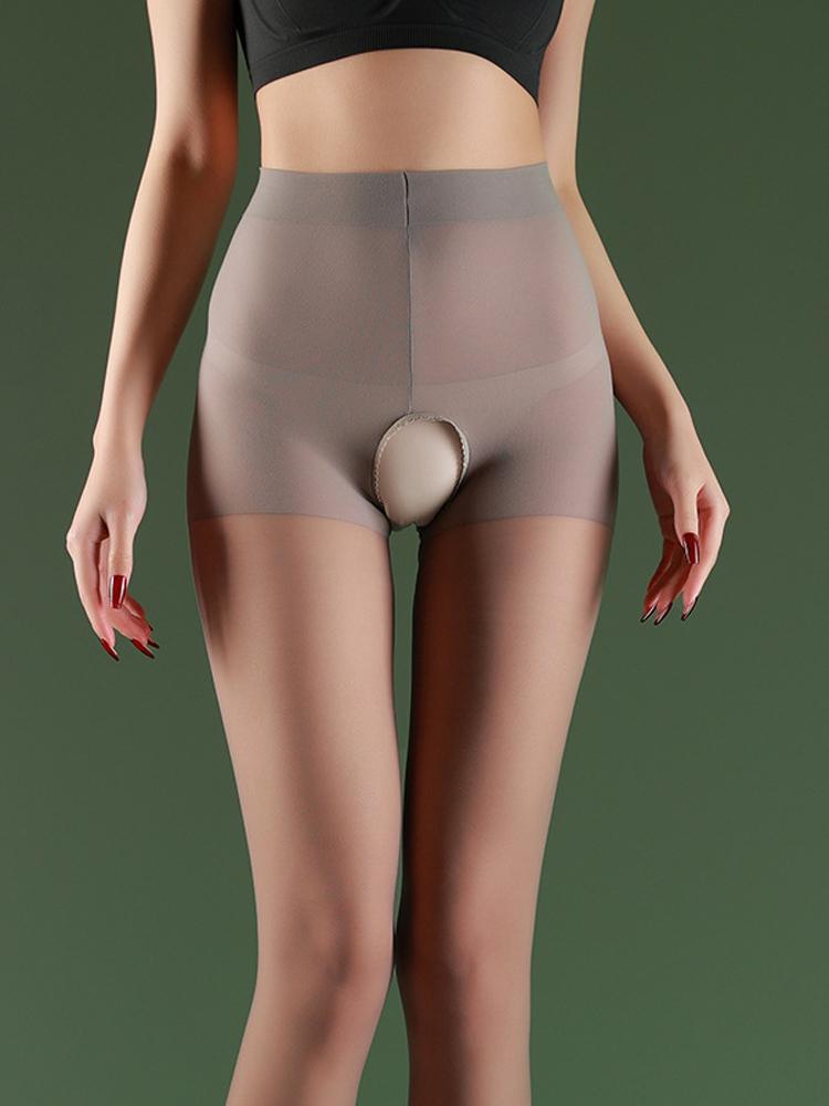 Damen 8D Dünne Transparente Strumpfhose Hohe Taille Elastische Strumpfhose Sexy Offener Schritt Verführung Strumpf Öl Glänzend Glatte Beinformer Strumpfhose L Closed Crotch gray
