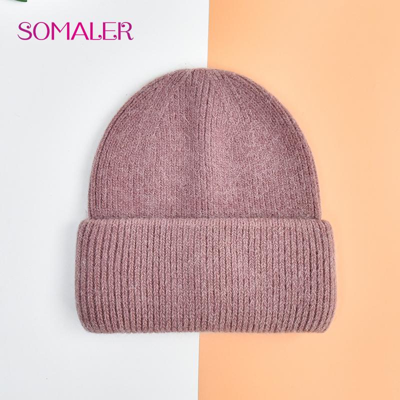 SOMALER Winter Angora Wolle Gestrickte Mütze Weich Warm Flauschig Kaninchenfell Strick Einfache Mützen für Damen englische rote